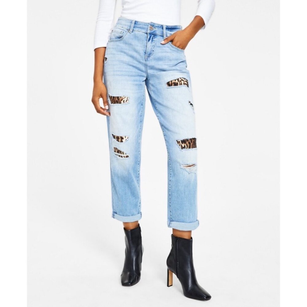 INC Denim Mid Rise Boyfriend Jeans size 12/31 Distressed Leopard Patch - Picture 2 of 12